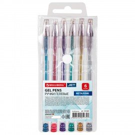 Ручки гелевые BRAUBERG "Jet", НАБОР 6 ЦВЕТОВ, МЕТАЛЛИК, узел 0,7 мм, линия письма 0,5 мм, 141029