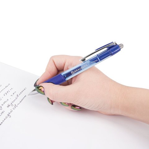 Ручка гелевая автоматическая с грипом BRAUBERG "Officer", СИНЯЯ, корпус тонированный синий, узел 0,5 мм, линия письма 0,35 мм, 141056