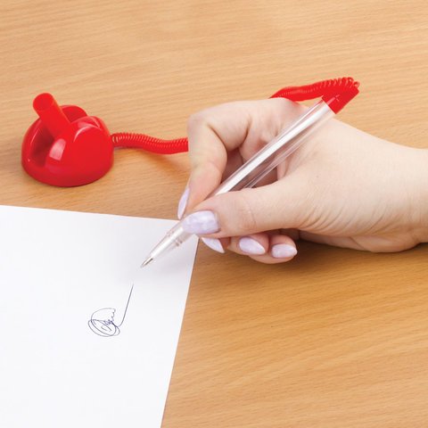 Ручка шариковая настольная BRAUBERG "Стенд-Пен", СИНЯЯ, пружинка, корпус красный, линия письма 0,5 мм, 141349
