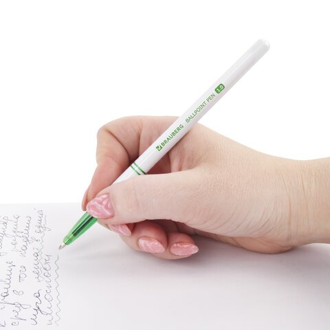 Ручка шариковая BRAUBERG "Офисная", ЗЕЛЕНАЯ, корпус белый, узел 1 мм, линия письма 0,5 мм, 141511