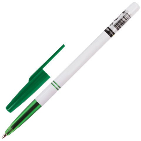 Ручка шариковая BRAUBERG "Офисная", ЗЕЛЕНАЯ, корпус белый, узел 1 мм, линия письма 0,5 мм, 141511