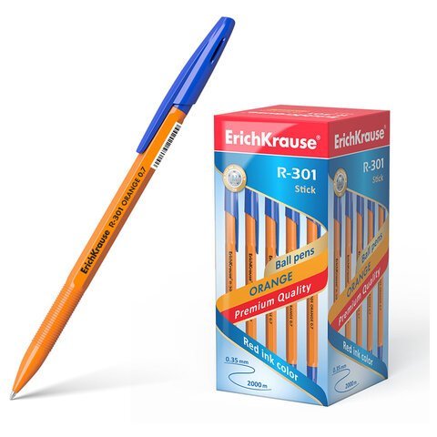 Ручка шариковая ERICH KRAUSE "R-301 Orange", СИНЯЯ, корпус оранжевый, узел 0,7 мм, линия письма 0,35 мм, 43194
