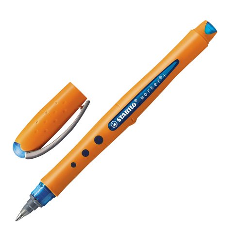 Ручка-роллер STABILO "Worker", СИНЯЯ, оранжевый корпус "soft-touch", узел 0,7 мм, линия письма 0,5 мм, 2018/41