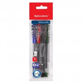 Ручки шариковые масляные BRAUBERG, НАБОР 4 шт., АССОРТИ, "Max-Oil", узел 0,7 мм, линия письма 0,35 мм, 142146