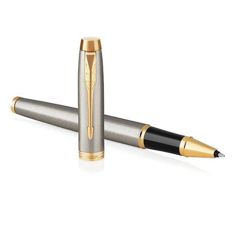 Ручка-роллер PARKER "IM Core Brushed Metal GT", серебристый матовый лак, позолота, черная, 1931663