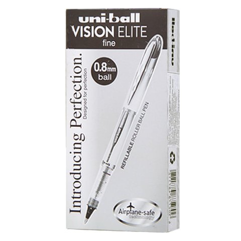 Ручка-роллер UNI-BALL (Япония) "Vision Elite", ЧЕРНАЯ, корпус серый, узел 0,8 мм, линия письма 0,6 мм, UB-200(08)BLACK