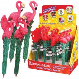 Ручка фигурная "ФЛАМИНГО", СИНЯЯ, 4 дизайна ассорти, линия письма 0,5 мм, дисплей, BRAUBERG, 142760