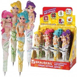 Ручка фигурная "РУСАЛОЧКИ", СИНЯЯ, 4 дизайна ассорти, линия письма 0,5 мм, дисплей, BRAUBERG, 142761