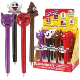 Ручка фигурная "СМАЙЛИКИ МИКС-2", СИНЯЯ, 4 дизайна ассорти, линия письма 0,5 мм, дисплей, BRAUBERG, 142772