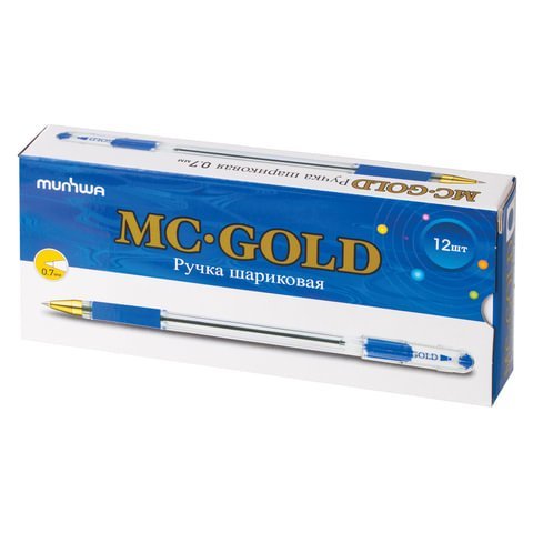 Ручка шариковая масляная с грипом MUNHWA "MC Gold", СИНЯЯ, корпус тонированный синий, узел 0,7 мм, линия письма 0,5 мм, BMC07-02