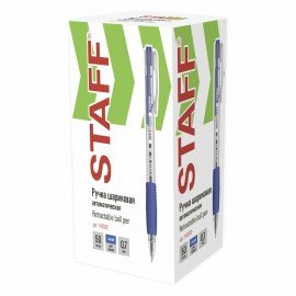 Ручка шариковая автоматическая с грипом STAFF "Basic" BPR-820, СИНЯЯ, узел 0,7 мм, линия письма 0,35 мм, 142820