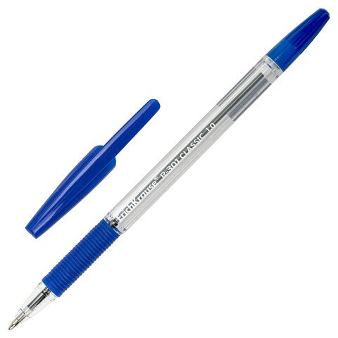 Ручка шариковая с грипом ERICH KRAUSE "R-301 Grip", СИНЯЯ, корпус прозрачный, узел 1 мм, линия письма 0,5 мм, 39527