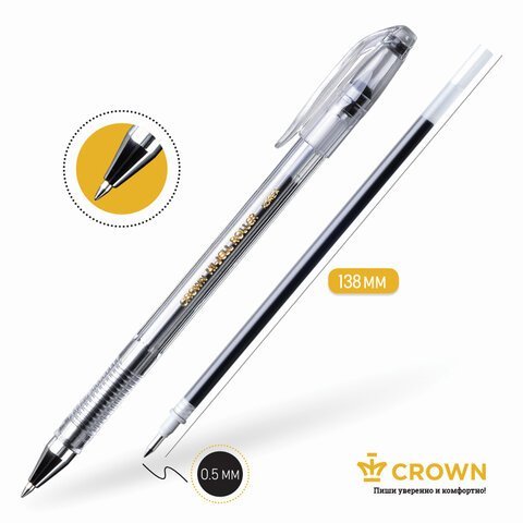 Ручка гелевая CROWN "Hi-Jell", ЧЕРНАЯ, корпус прозрачный, узел 0,5 мм, линия письма 0,35 мм, HJR-500B