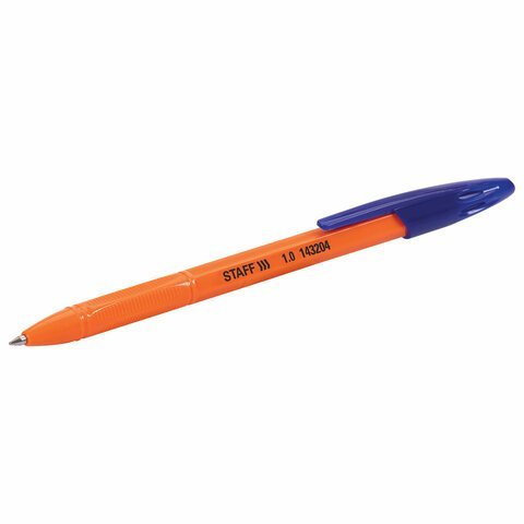 Ручка шариковая масляная STAFF "Basic X-100", СИНЯЯ, корпус оранжевый, узел 1 мм, линия письма 0,7 мм, 143204