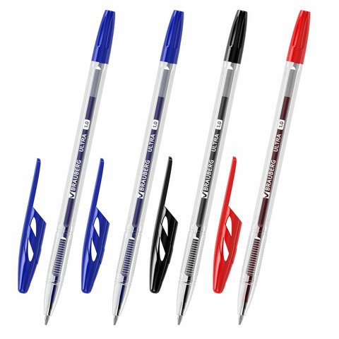 Ручки шариковые BRAUBERG "ULTRA", НАБОР 4 штуки (2 синих, 1 черная, 1 красная), узел 1 мм, 143569