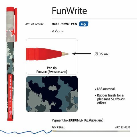 Ручка шариковая BRUNO VISCONTI FunWrite, СИНЯЯ, "Military blue", узел 0,5 мм, линия письма 0,3 мм, 20-0212/17