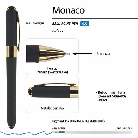 Ручка шариковая BRUNO VISCONTI "Monaco", черный корпус, узел 0,5 мм, линия письма 0,3 мм, синяя, 20-0125/01