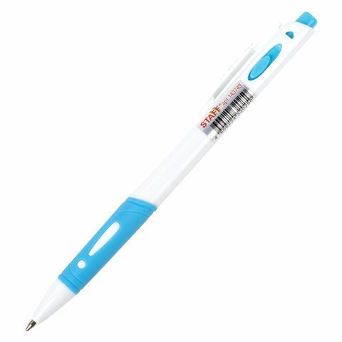 Ручка шариковая автоматическая с грипом STAFF "BP-16 White", СИНЯЯ, ассорти, линия письма 0,35 мм, 143749