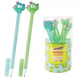 Ручка с топпером шариковая ЮНЛАНДИЯ "Цветущий кактус", корпус ассорти, СИНЯЯ, пишущий узел 0,7 мм, 143781