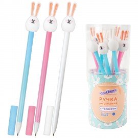 Ручка с топпером шариковая ЮНЛАНДИЯ "Ушастый зайка", корпус ассорти, СИНЯЯ, пишущий узел 0,7 мм, 143782