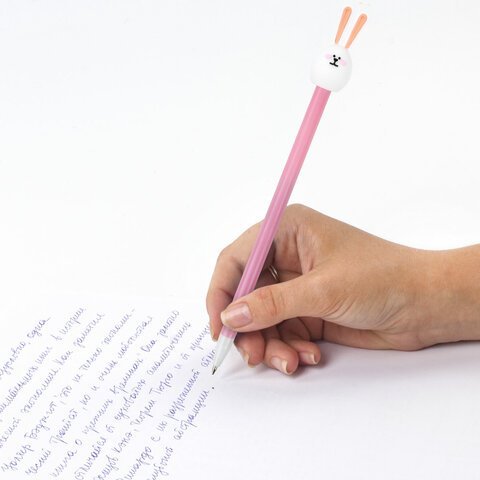 Ручка с топпером шариковая ЮНЛАНДИЯ "Ушастый зайка", корпус ассорти, СИНЯЯ, пишущий узел 0,7 мм, 143782