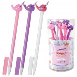 Ручка с топпером шариковая ЮНЛАНДИЯ "Кит-Единорог", корпус ассорти, СИНЯЯ, пишущий узел 0,7 мм, 143783