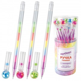 Ручка с топпером гелевая ЮНЛАНДИЯ "Хрустальный шар", ассорти, РАДУЖНЫЕ чернила, игольчатый пишущий узел 0,7 мм, 143785