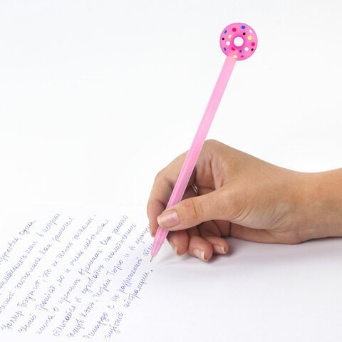 Ручка с топпером шариковая ЮНЛАНДИЯ "Пончик", корпус ассорти, СИНЯЯ, пишущий узел 0,7 мм, 143799