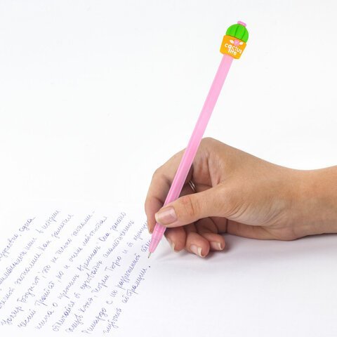 Ручка с топпером шариковая ЮНЛАНДИЯ "Кактус", корпус ассорти, СИНЯЯ, пишущий узел 0,7 мм, 143800