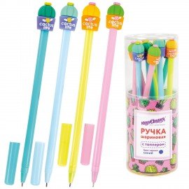 Ручка с топпером шариковая ЮНЛАНДИЯ "Кактус", корпус ассорти, СИНЯЯ, пишущий узел 0,7 мм, 143800