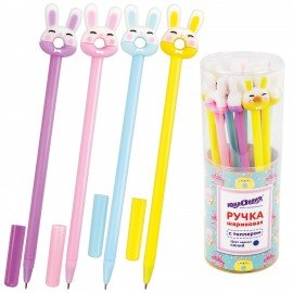 Ручка с топпером шариковая ЮНЛАНДИЯ "Зайка-пончик", корпус ассорти, СИНЯЯ, пишущий узел 0,7 мм, 143802