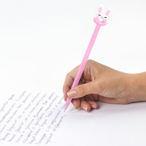 Ручка с топпером шариковая ЮНЛАНДИЯ "Зайка-пончик", корпус ассорти, СИНЯЯ, пишущий узел 0,7 мм, 143802