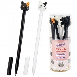 Ручка с топпером шариковая ЮНЛАНДИЯ "Кошка", корпус ассорти, СИНЯЯ, пишущий узел 0,7 мм, 143804