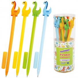 Ручка с топпером шариковая ЮНЛАНДИЯ "Динозаврик", корпус ассорти, СИНЯЯ, пишущий узел 0,7 мм, 143809