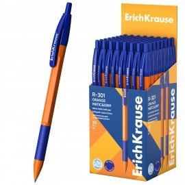 Ручка шариковая автоматическая с грипом ERICH KRAUSE "R-301 Orange", СИНЯЯ, узел 1,0 мм, линия письма 0,35 мм, 46762