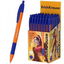 Ручка шариковая масляная автоматическая с грипом ERICH KRAUSE "U-209 Orange", СИНЯЯ, узел 1,0 мм, линия письма 0,3 мм, 47593