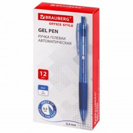 Ручка гелевая автоматическая с грипом BRAUBERG "OFFICE STYLE", СИНЯЯ, линия 0,4 мм, 144122