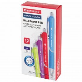 Ручка шариковая автоматическая с грипом BRAUBERG DELTA COLOR, СИНЯЯ, ассорти, узел 0,7 мм, линия письма 0,35 мм, 144202