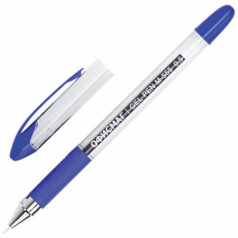 Ручка гелевая с грипом ОФИСМАГ M-555, СИНЯЯ, игольчатый наконечник 0,5 мм, линия 0,35 мм, 144214