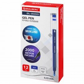 Ручка гелевая BRAUBERG "GL-2000", СИНЯЯ, японские чернила, длина письма 2000 метров, линия письма 0,35 мм, 144218