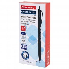 Ручка шариковая масляная автоматическая BRAUBERG "Extra Glide RT SOFT BLK", СИНЯЯ, игольчатый наконечник 0,7 мм, линия 0,5 мм, 144261