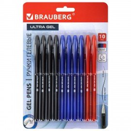 Ручки гелевые BRAUBERG "ULTRA GEL", НАБОР 10 ШТУК (4 ЧЕРНЫХ, 4 СИНИХ, 2 КРАСНЫХ), стандартный наконечник 0,5 мм, линия 0,35 мм, 144270