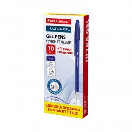 Ручки гелевые BRAUBERG "ULTRA GEL", КОМПЛЕКТ 11 ШТУК (10+1 В ПОДАРОК), СИНИЕ, стандартный наконечник 0,5 мм, линия письма 0,35 мм, 144271