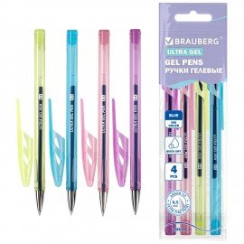 Ручки гелевые "BRAUBERG ULTRA GEL PASTEL", СИНИЕ, НАБОР 4 ШТУКИ, стандартный наконечник 0,5 мм, линия письма 0,35 мм, 144282
