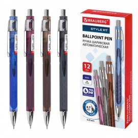 Ручка шариковая автоматическая с грипом BRAUBERG "STYLE RT", СИНЯЯ, игольчатый наконечник 0,7 мм, линия письма 0,35 мм, 144324