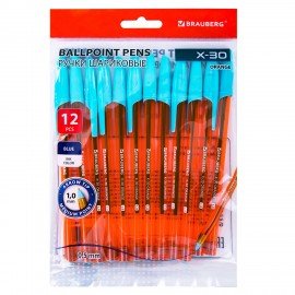 Ручки шариковые BRAUBERG X-30 ORANGE, КОМПЛЕКТ 12 шт., СИНИЕ, пишущий узел 1 мм, линия письма 0,5 мм, 144334