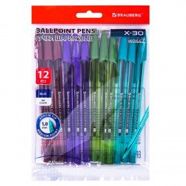 Ручки шариковые BRAUBERG X-30 COLOR MIX, КОМПЛЕКТ 12 ШТ., СИНИЕ, пишущий узел 1 мм, линия письма 0,5 мм, 144336