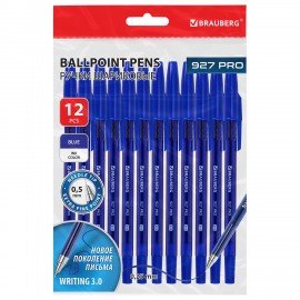 Ручки шариковые BRAUBERG "927 PRO" "WRITING 3.0", КОМПЛЕКТ 12 ШТ., СИНИЕ, пишущий узел 0,5мм, линия письма 0,25мм, 144338