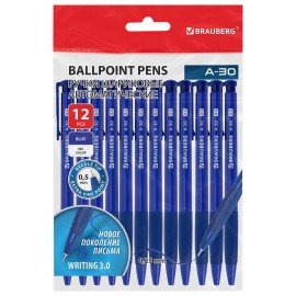 Ручки шариковые автоматические BRAUBERG A-30 "WRITING 3.0", КОМПЛЕКТ 12 ШТ, СИНИЕ, пишущий узел 0,5 мм, линия письма 0,25 мм, 144340