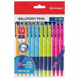 Ручки шариковые автоматические BRAUBERG A-30 COLOR MIX "WRITING 3.0", КОМПЛЕКТ 12 ШТ,СИНИЕ, пишущий узел 0,5 мм, линия письма 0,25мм, 144342